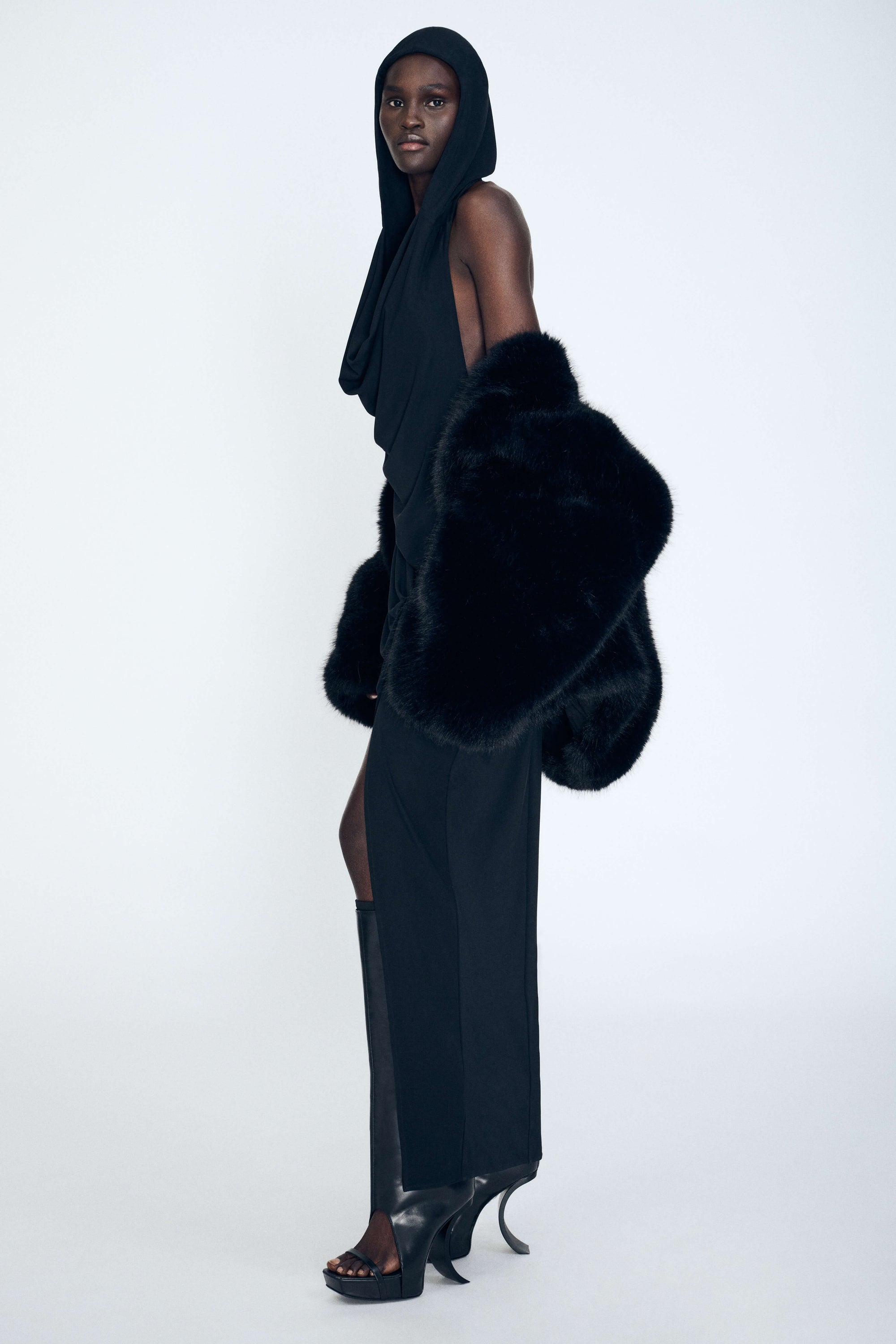 Hooded Draped Dress in Black