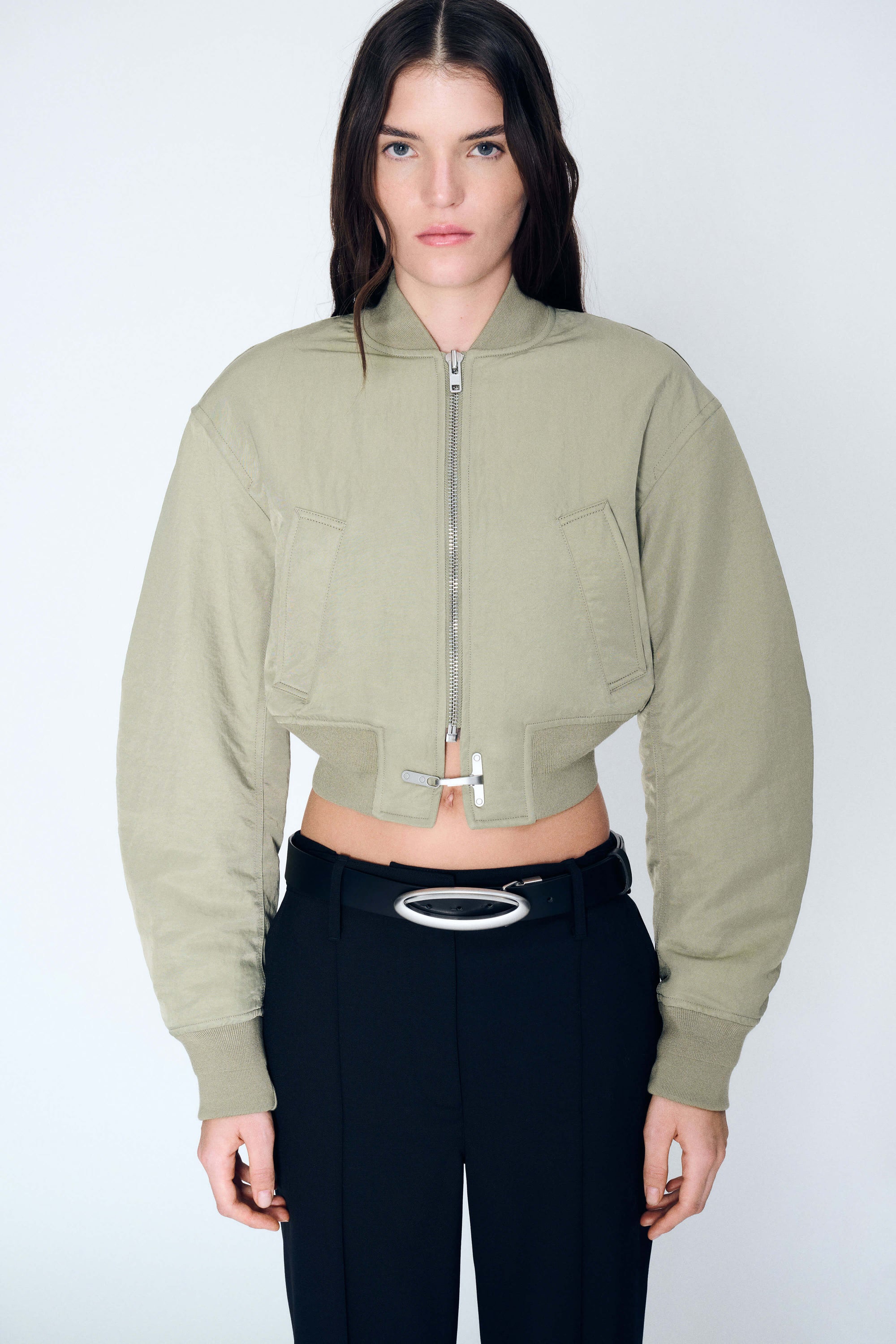 Crop Bomber Jacket in Olive