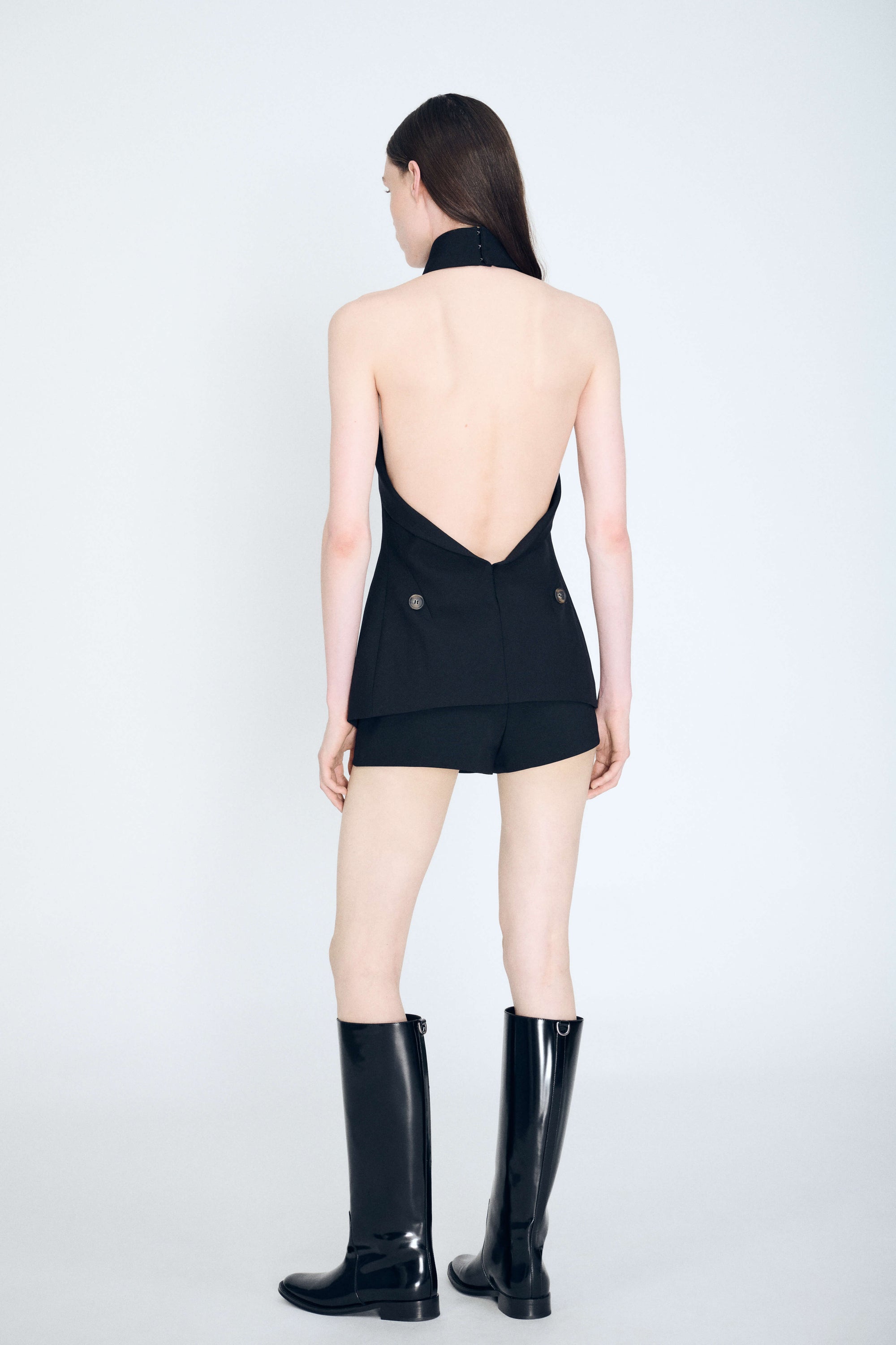 Wrap Lapel Halter Top in Black