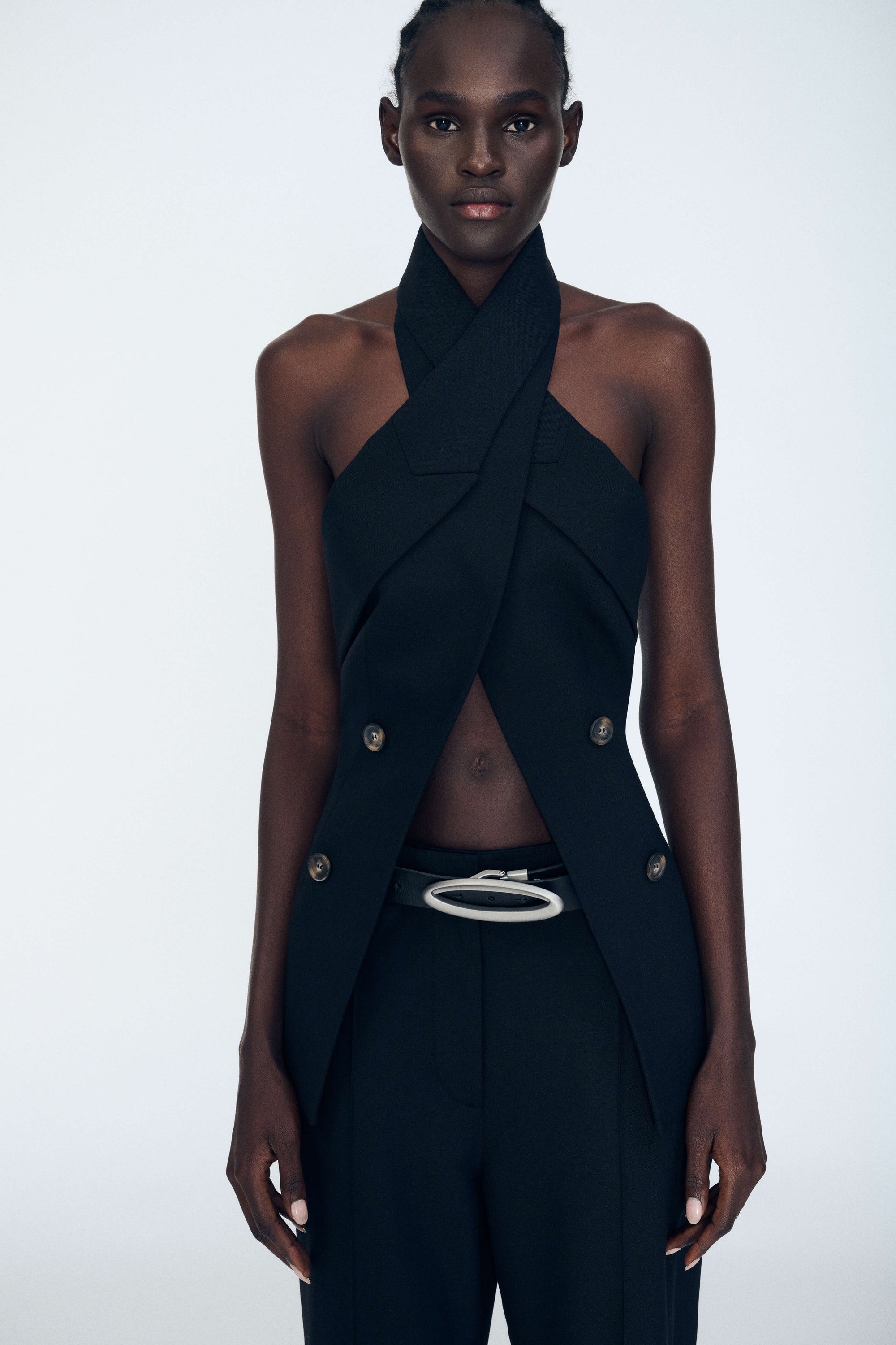 Wrap Lapel Halter Top in Black